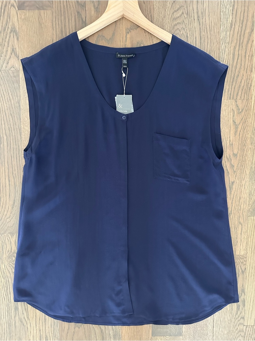 NWT Eileen Fisher U-Neck Silk Sleeveless Button Front Long Top Midnight Blue M